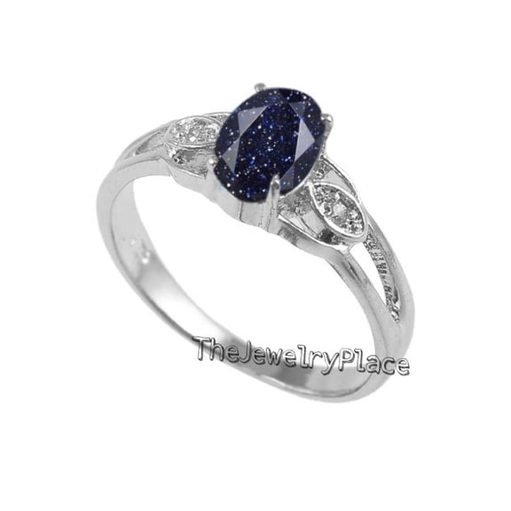 A.F GEMS Blue Sandstone Engagement Ring for Women, Oval Galaxy Stone Ring, Art Deco Promise Ring with Zircon Accents Gold 10.5