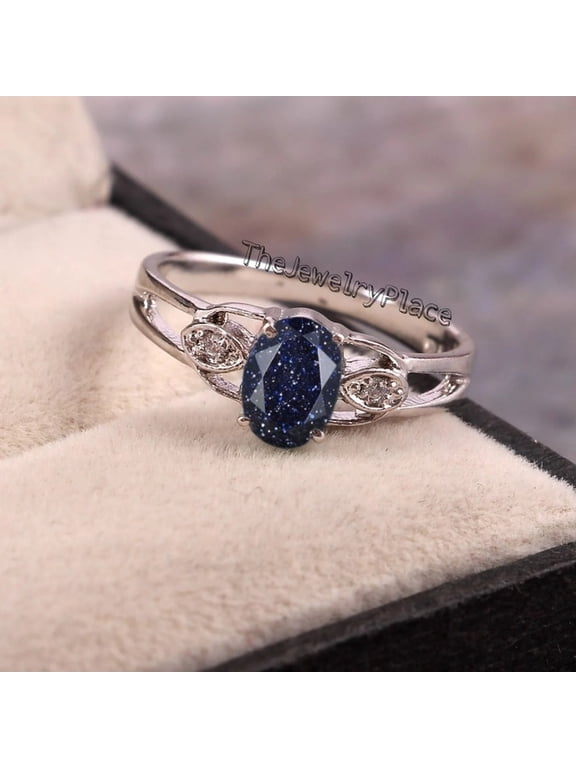 Blue Sandstone Ring, Oval Galaxy Stone 925 Sterling Silver Promise Ring, Art Deco Wedding Jewelry for Women Silver 4.5