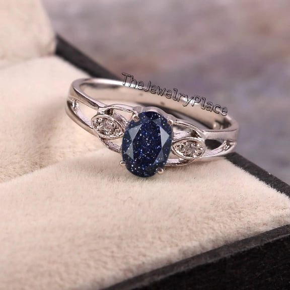 A.F GEMS Blue Sandstone Ring, Oval Galaxy Stone 925 Sterling Silver Promise Ring, Art Deco Wedding Jewelry for Women Size :- 3