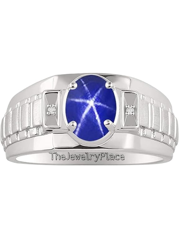 Mens Blue Star Sapphire Ring 925 Sterling Silver Oval Cabochon Lindy Gemstone Wedding Engagement Ring Silver 8.5