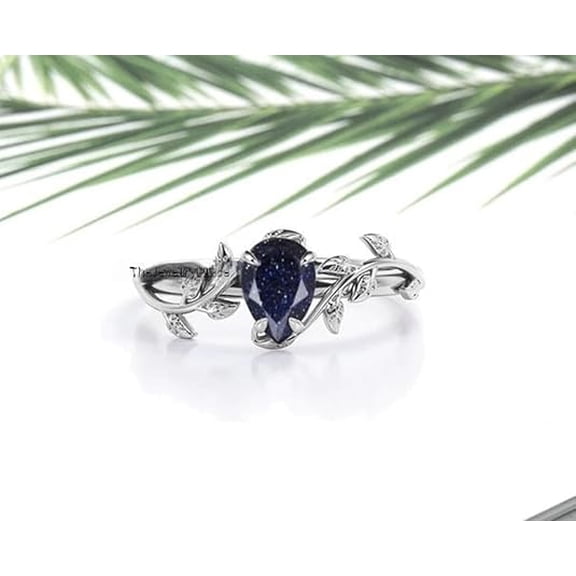 A.F GEMS Pear Galaxy Sandstone Ring 7x5mm Blue Sandstone Sterling Silver Engagement Promise Ring Silver 10.5