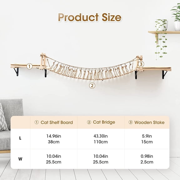 A.FATI Wall-Mounted  Roped Bridge Long for Indoor Cats, Wooden Bed and Perches with Sisal Scratch Mat