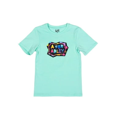 A FOR ADLEY Official Merch Presents a Custom Design Neon Checkered Logo Tee, a Soft Must Have Tee for Her Fans (US, Numeric, 4, Regular, Teal)