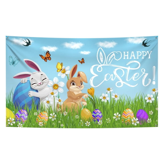 A Fabric Photo Background Cloth For Party Decor 70.87X43.31 Inches Bunny And Egg Design Hanging Prop For Celebrations And Events