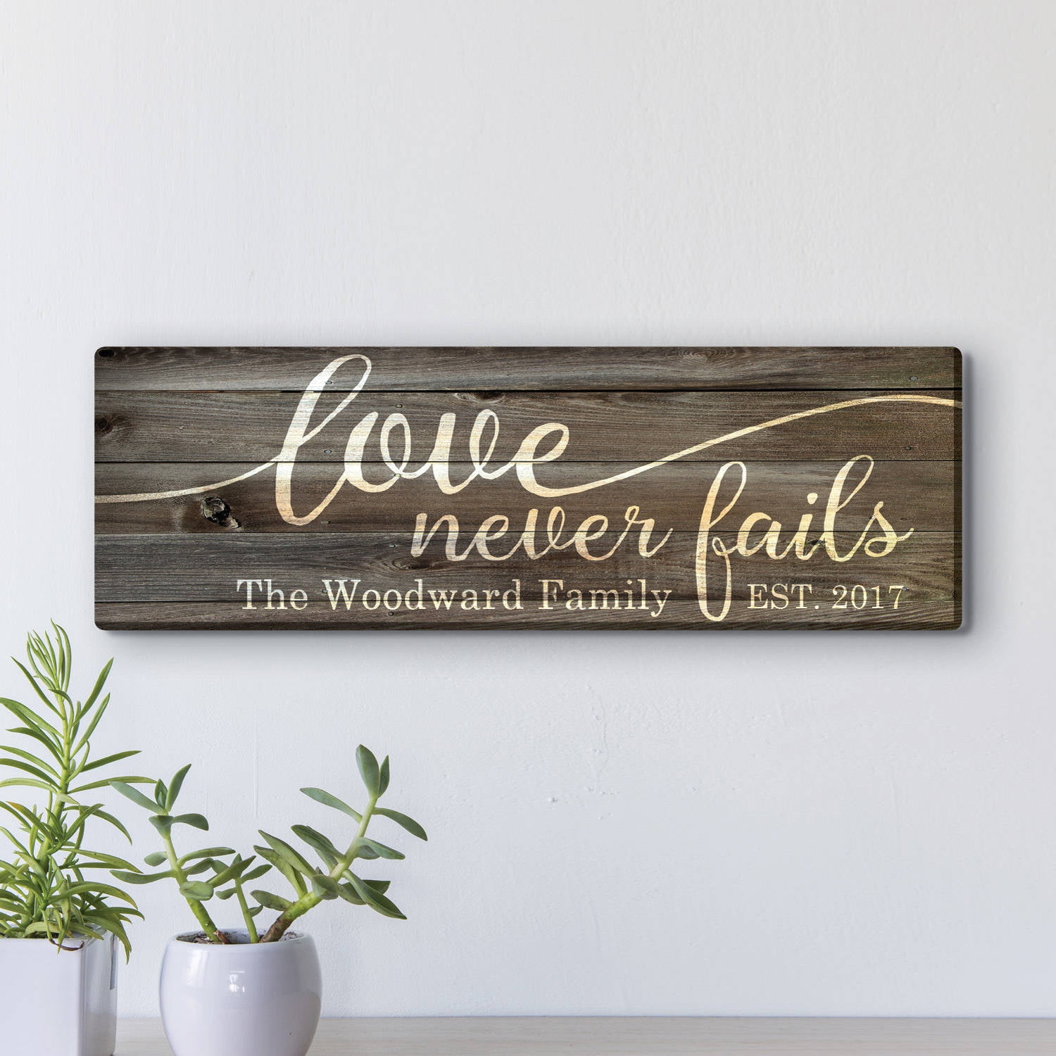 A Family's Love Never Fails 6" x 18" or 9" x 27" Personalized Canvas