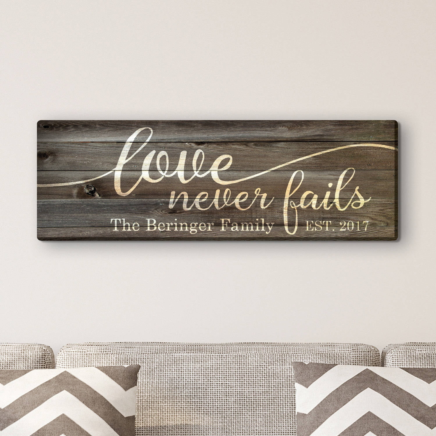 A Family's Love Never Fails 6" x 18" or 9" x 27" Personalized Canvas