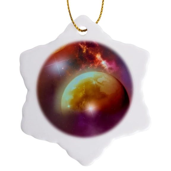 3drose, a Fantastic Space Scenario with a Brown Planet and a Sun, 3 inch Snowflake Porcelain Ornament