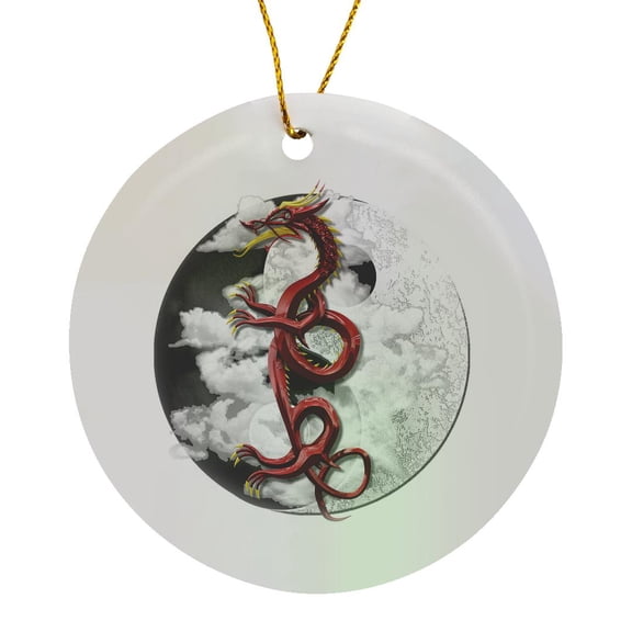 3drose, a Fantasy Chinese Red Dragon on a Oriental Yin Yang Symbol., Circle Porcelain Ornament
