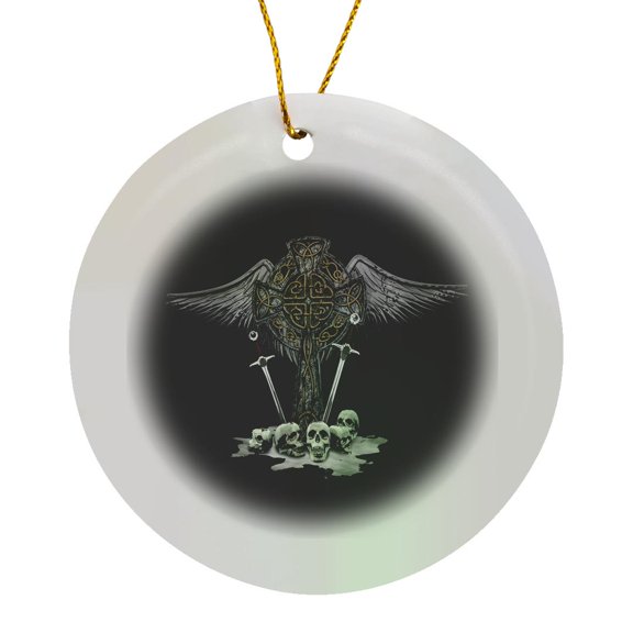 3drose, a Fantasy Style Celtic Cross with Swords and a Pile of Skulls., Circle Porcelain Ornament