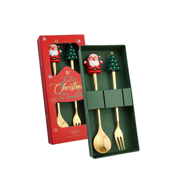 A Festive Spoon And Fork Two Pieces With Santa And Round Tree Designs For Christmas Dining Stainless Steel