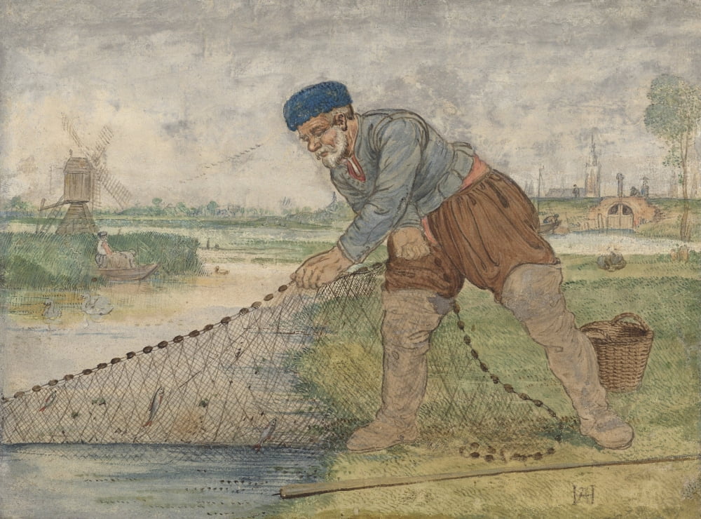 A Fisherman Hauling In His Net Canvas Art - (24 x 18)