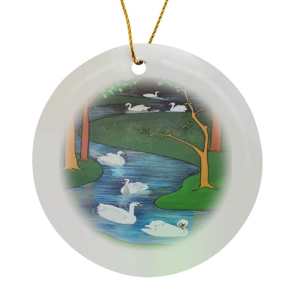 3drose, a Flock of Seven Swans-a-swimming Vector Art, Circle Porcelain Ornament