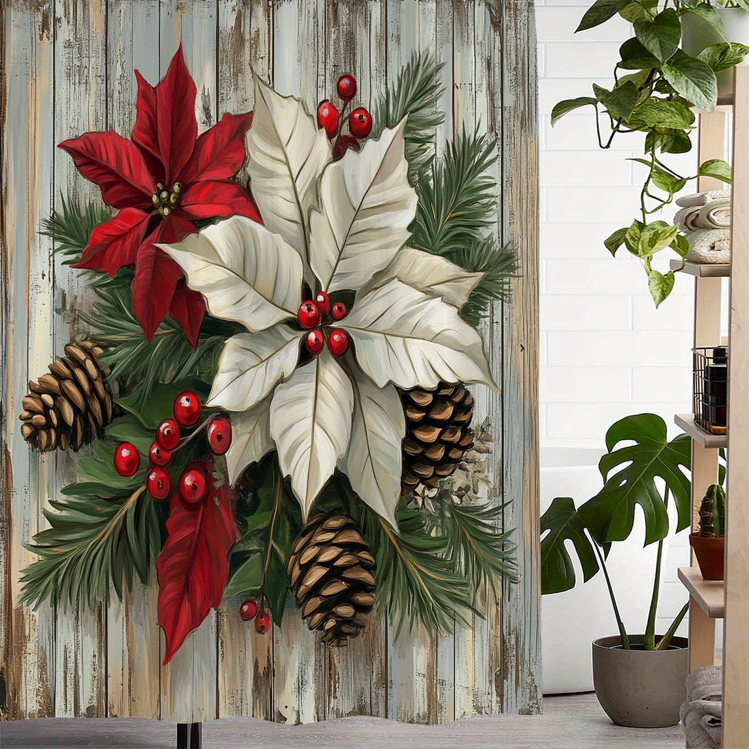 A Floral Pinecone Red Fruit Christmas Polyester Shower Curtain with a Print - Includes 12 Hooks - Suitable for Windows, 72x72 inch