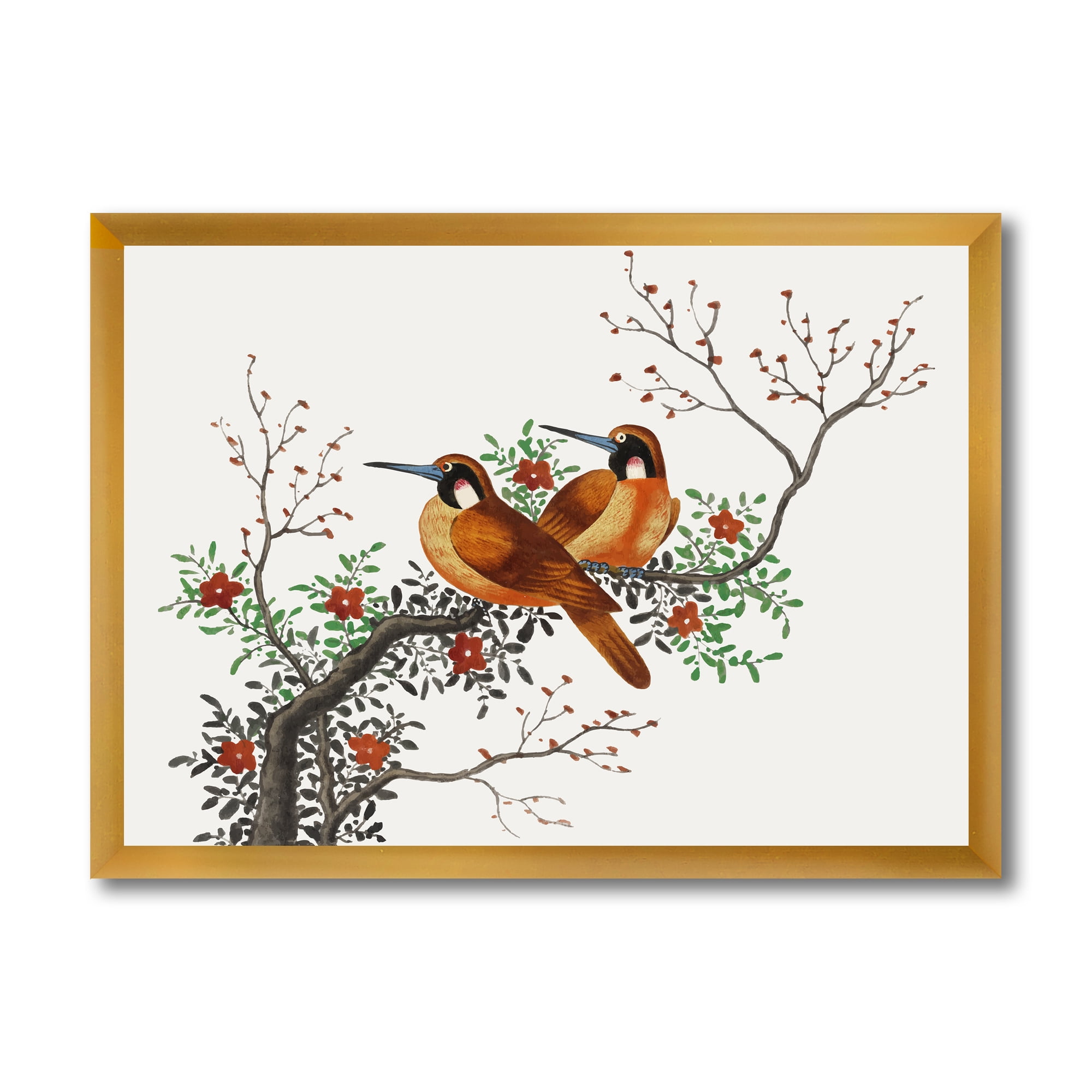 A Flowering Tree Branch With Two Chinese Birds 20 in x 12 in Framed Painting Canvas Art Print, by Designart