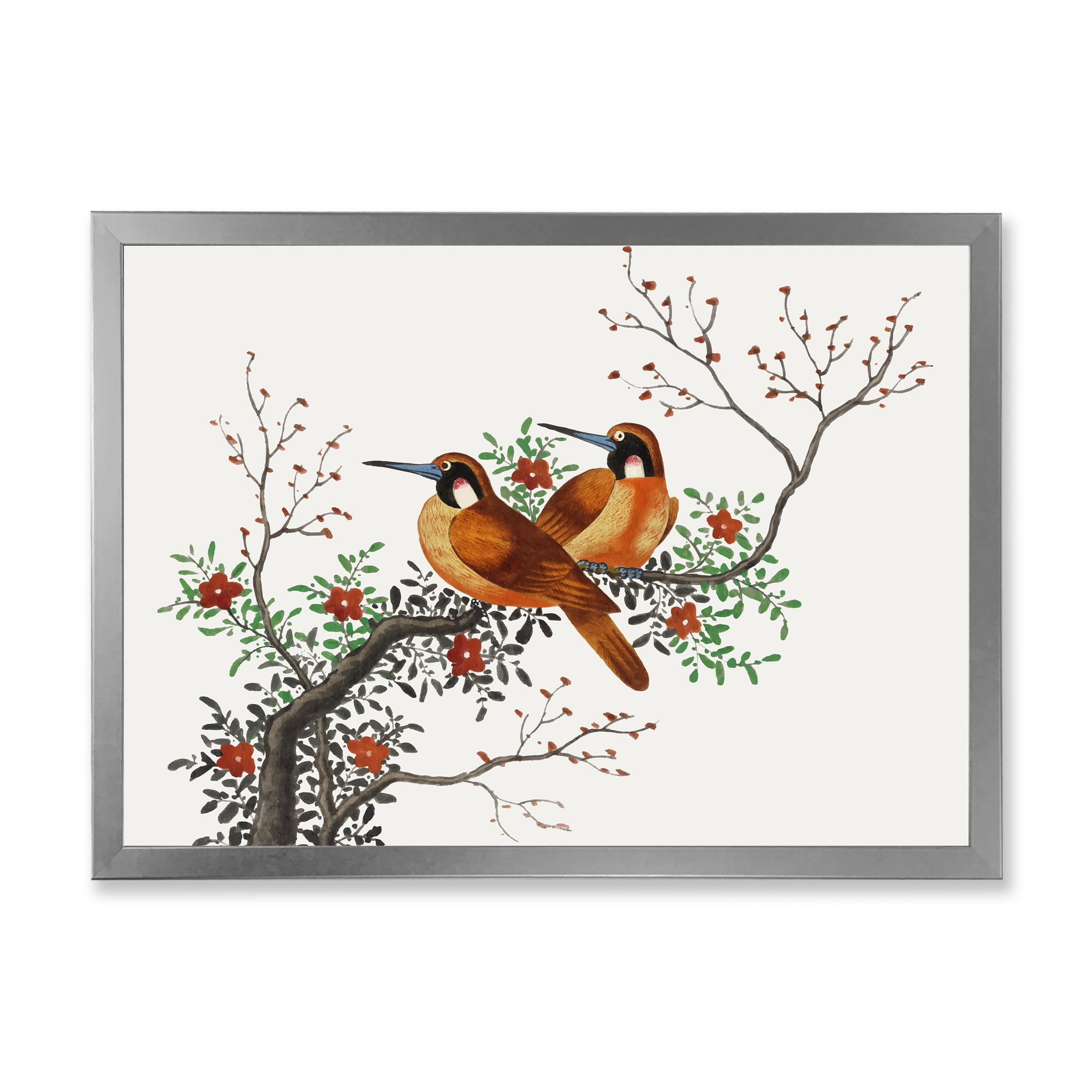 A Flowering Tree Branch With Two Chinese Birds 20 in x 12 in Framed Painting Canvas Art Print, by Designart