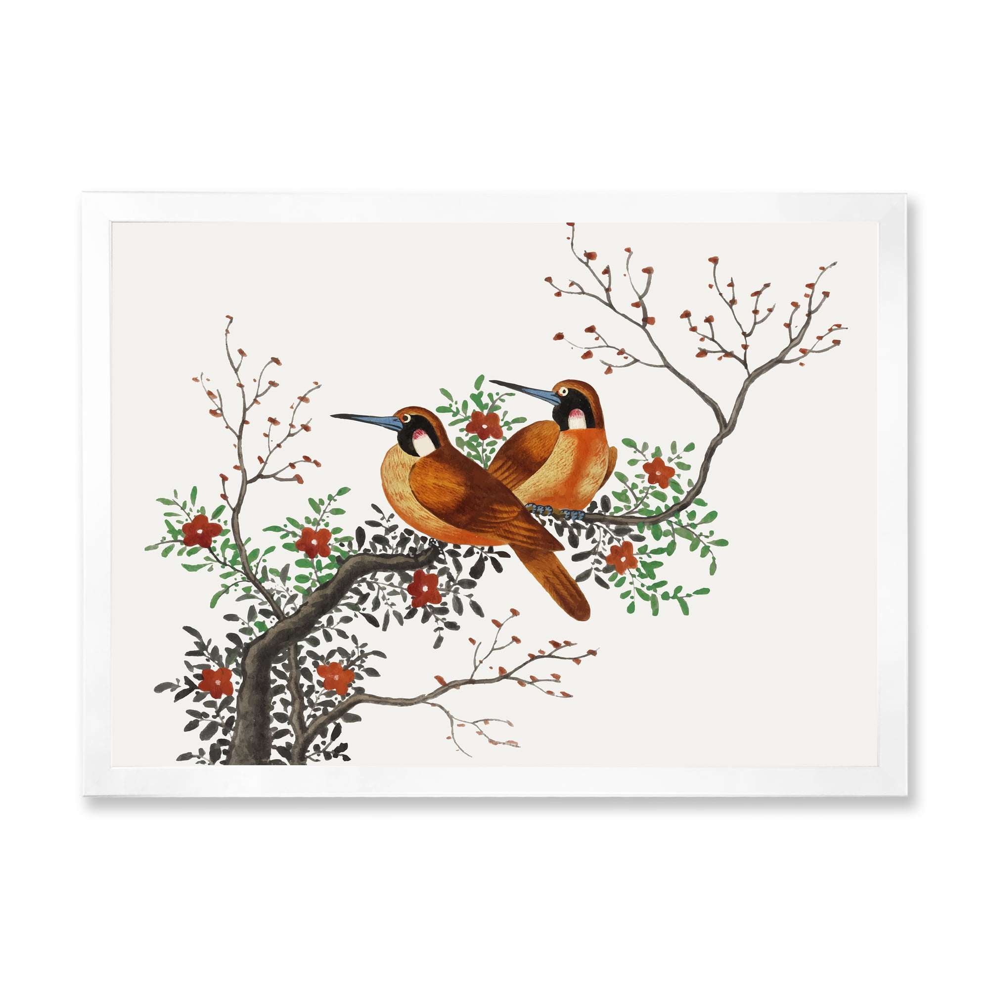 A Flowering Tree Branch With Two Chinese Birds 32 in x 24 in Framed Painting Canvas Art Print, by Designart