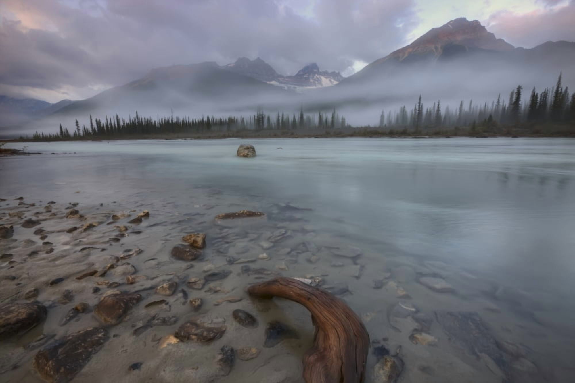 A Foggy Early Morning On The Sunwapta River In Jasper National Park Alberta Canvas Art - Dan Jurak Design Pics (34 x 22)