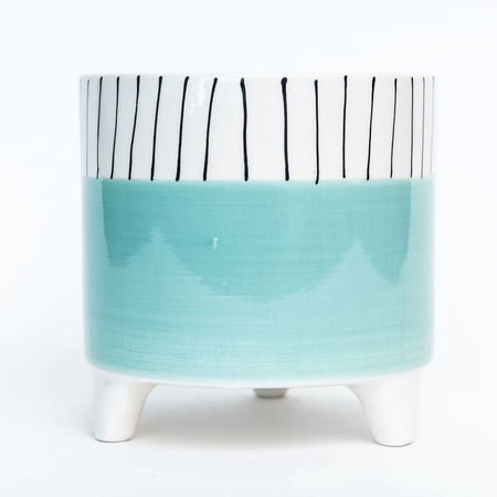 A Footed Aqua With Black And White Striped Rim Planter