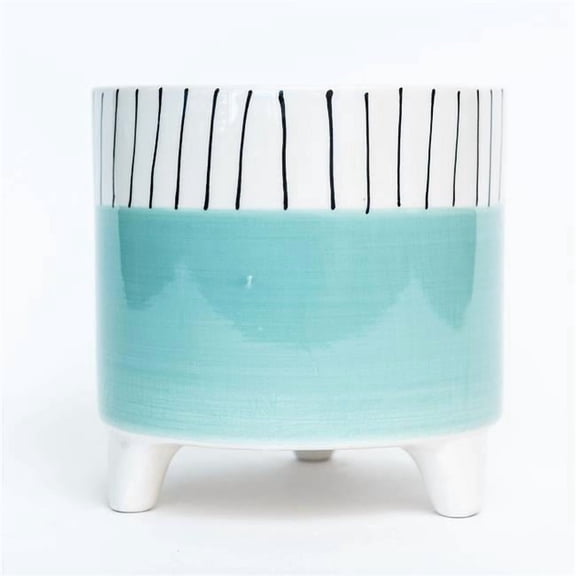 A Footed Aqua with Black & White Striped Rim Planter