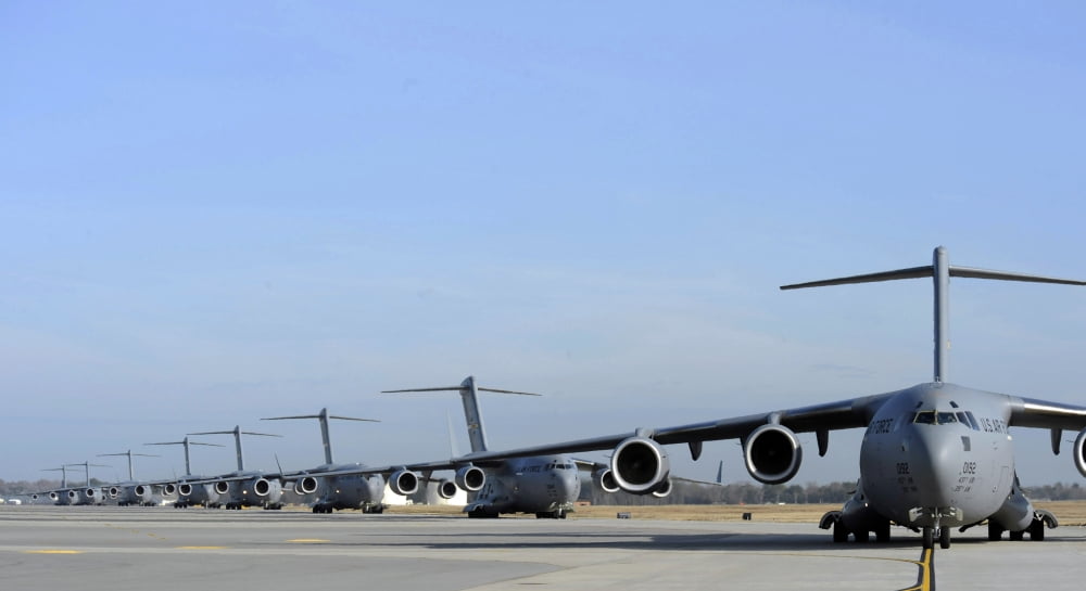 A Formation of US Air Force C-17 Globemaster IIIs prepare for departure Canvas Art - Stocktrek Images (38 x 21)