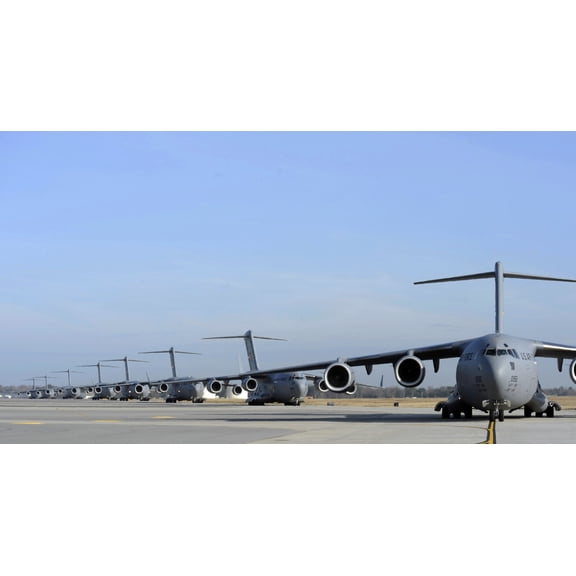 A Formation of US Air Force C-17 Globemaster IIIs prepare for departure Canvas Art - Stocktrek Images (38 x 21)