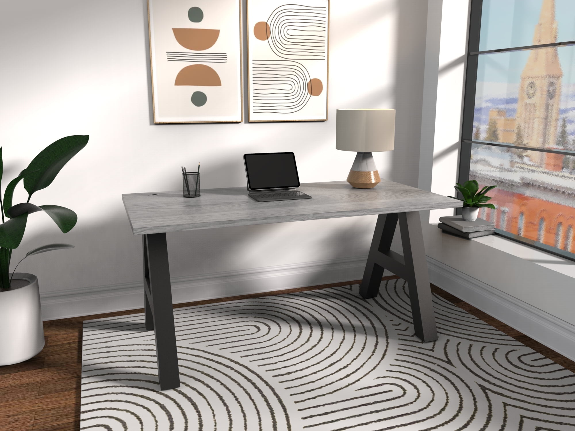 Serenity A-Frame Writing Office Desk for Home and Office, 48"x24" with Gray Oak Desk Top, Black Frame