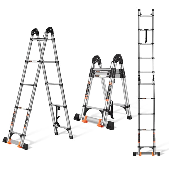 A-Frame Aluminum Telescopic Extension Ladder with Non-Slip Feet, 12.5FT Rv Telescope Foldable Extendable Compact Ladders for House Roof Travel Trailers, Adjustable Retractable, 330lbs Capacity