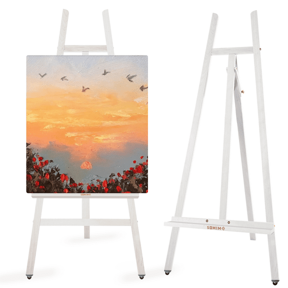 A-Frame Beechwood Artist Easel, Adjustable Lyre Studio Easel Stand with Inclinable Design, Holds Canvas up to 90", White