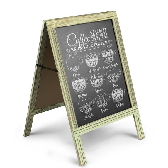 A-Frame Chalkboard Sign Rustic Wooden Sidewalk Easel Chalk Stand - Freestanding Sturdy Sandwich Board Double Sided Message Menu Display - Vintage Torched Restaurant Chalkboard for Cafe & Bar