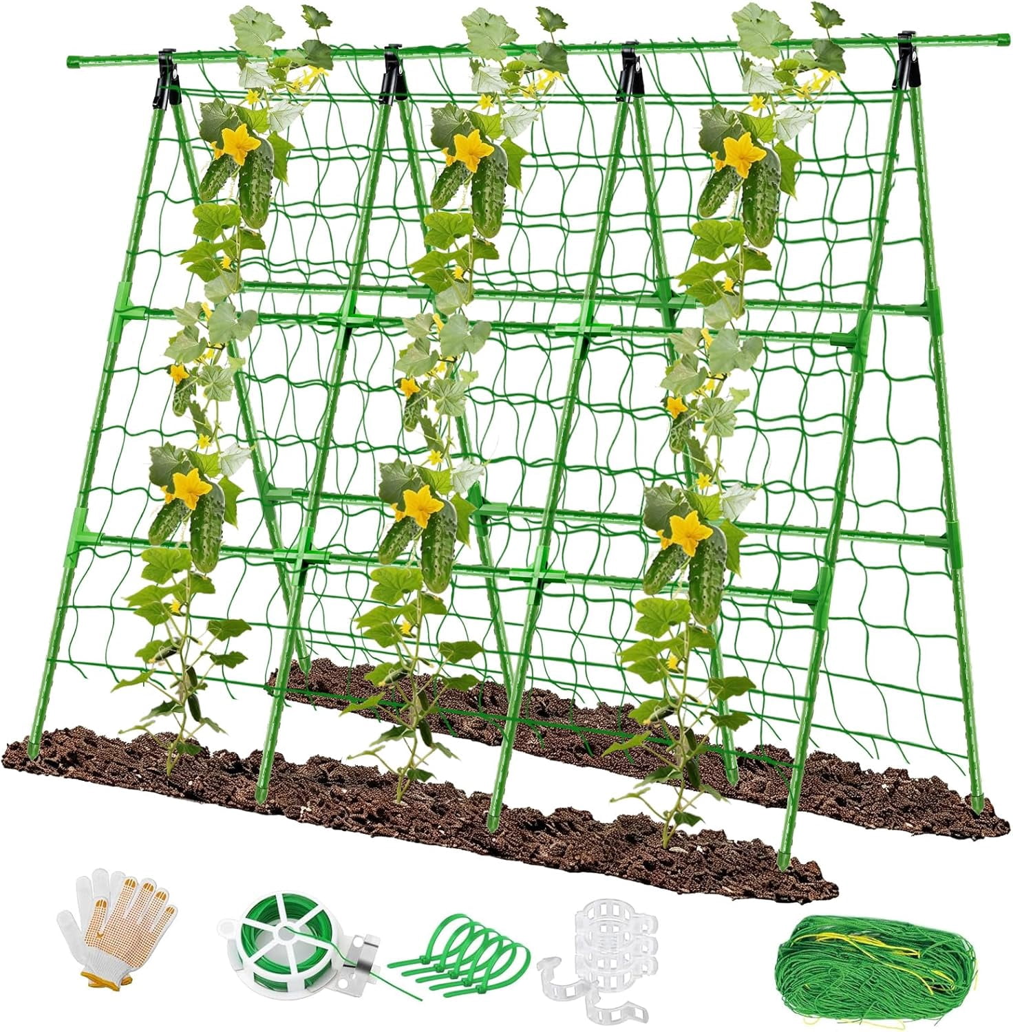A-Frame Cucumber Trellis for Raised Beds, 47" Hx 57" L Adjustable Size, Garden Trellis for Climbing Plant Outdoors with Climbing Net and Plant Support Clip for Vegetable Vine Pea Bean Tomato
