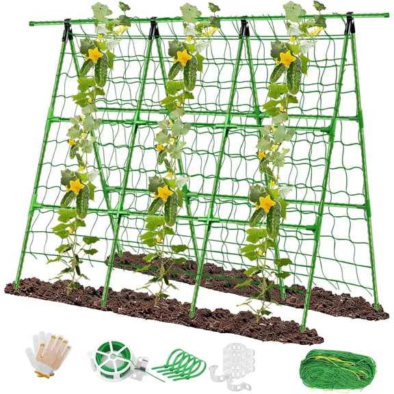 A-Frame Cucumber Trellis for Raised Beds, 47" Hx 57" L Adjustable Size, Garden Trellis for Climbing Plant Outdoors with Climbing Net and Plant Support Clip for Vegetable Vine Pea Bean Tomato