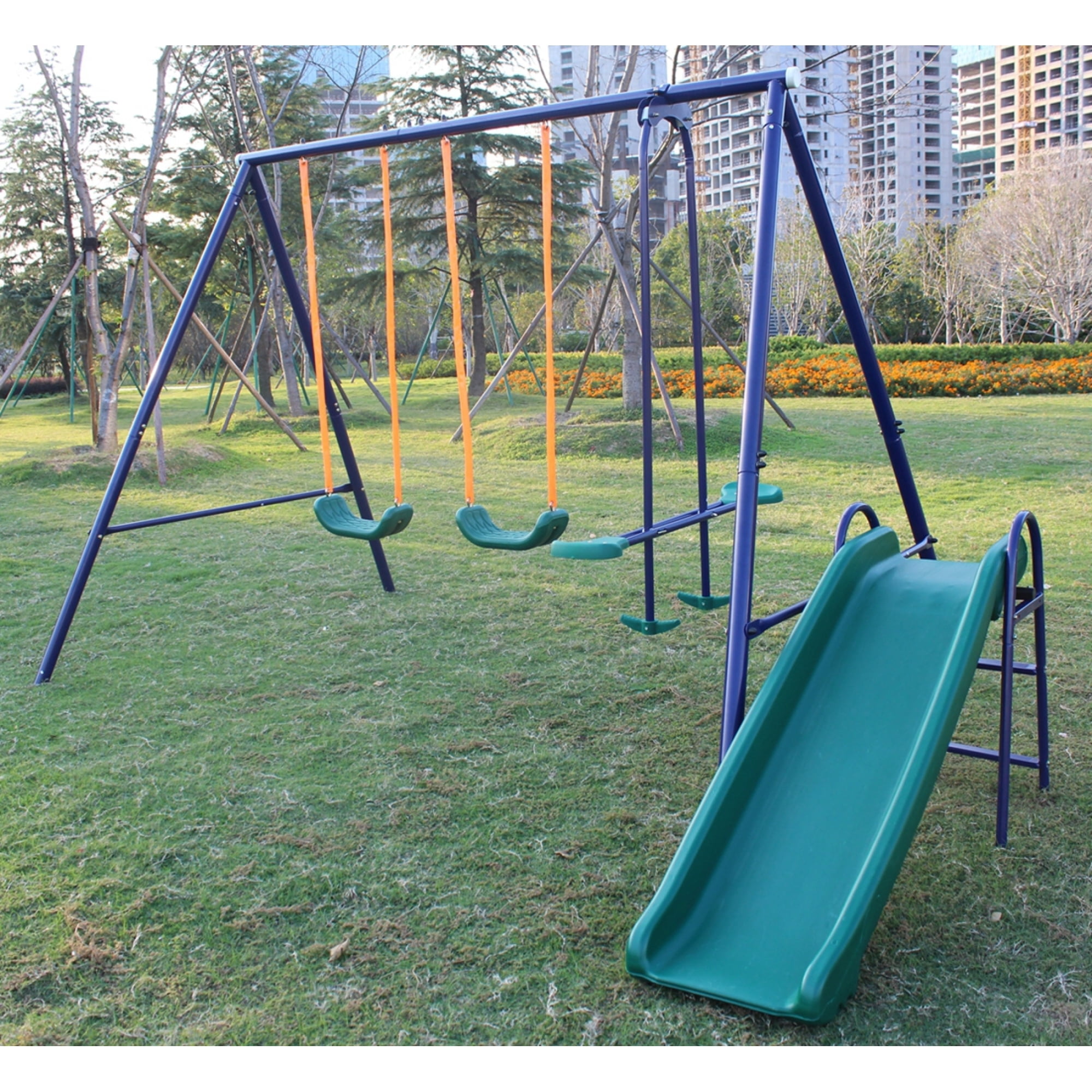 A-Frame Metal Swing Set w/ Slide for Backyard