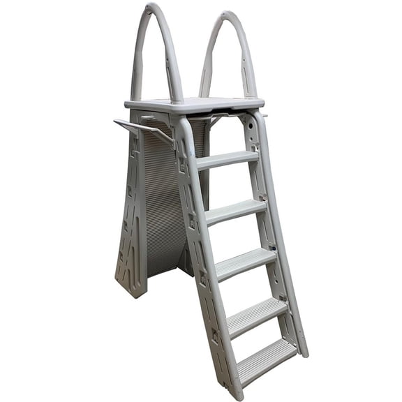 A Frame Pool Safety Ladder for Above Ground Swimming Pool Height Adjustable 48 to 56 Inch Outside Step Ladder with Lockable Roll Guard Barrier