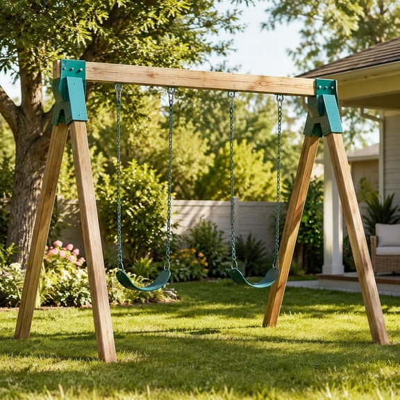 A-Frame Swing Set Brackets Kit, heavy duty, with 2 swing seats and 4 hangers, outdoor backyard playground hardware, green