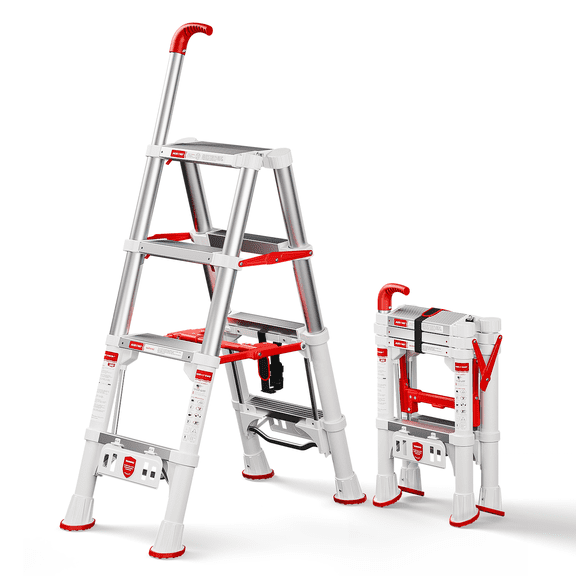 A-Frame Telescoping Extension Ladder3.5FT Folding Step Stool with Safety Lock Foldable Aluminum Ladder, heavy duty 4 step ladder 600lbs Capacity for Home Use