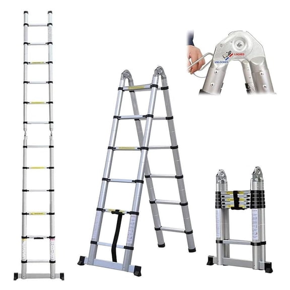 A-Frame Telescoping Ladder 12.5ft 6 + 6 Steps Adjustable Height with Support Bar Anti-Slip Feet, 330lbs Max Load, Folded Height 2.7ft Space Saving Easy to Transport, Heavy Duty RV Home Ladder