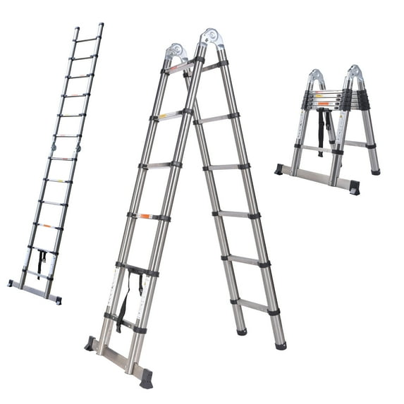 A-Frame Telescoping Ladder 12.5ft Stainless Steel Heavy Duty Extension Ladder for Home RV Attic Office Building Maintenance, 330lbs Max Load, with Safety Support Bar Anti-Slip Rubber Feet