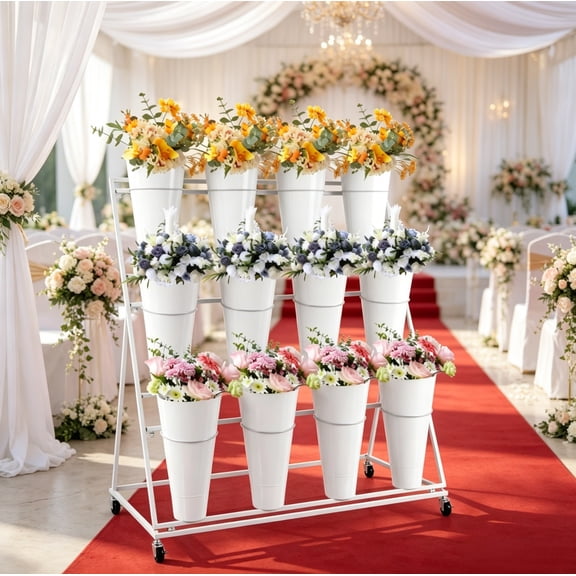 A-Frame Tiered Shelf Flower Display Stand with Lockable Wheels, Metal Plastic Floral Rack with 12 Round Buckets for Florist Shop Wedding Garden Decor