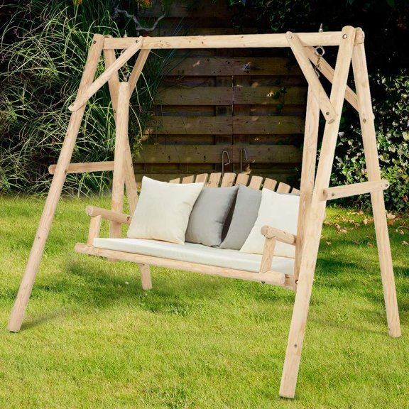A-Frame Wood Log Swing Bench Outdoor Rustic Curved Back Porch Chair for Garden Yard