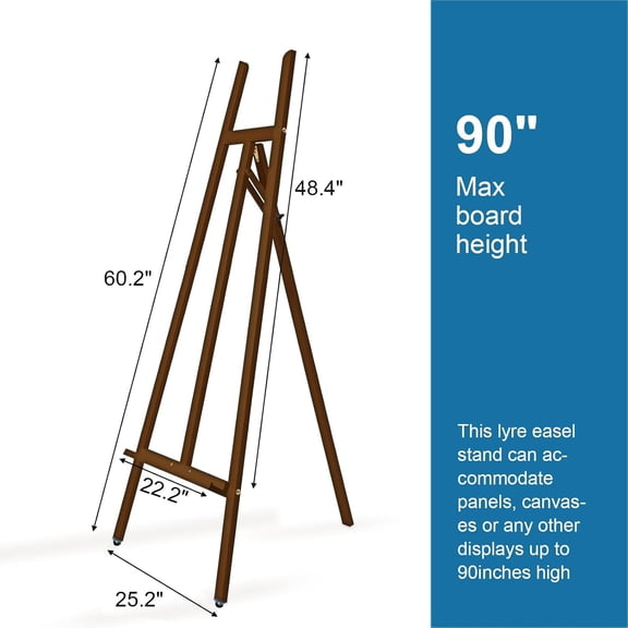 A-Frame Wooden Display Easel with Wheels - Adjustable Lyre Beechwood Studio Stand for Canvas  to 90", Inclinable Artist Floor Painting Easel, Brown