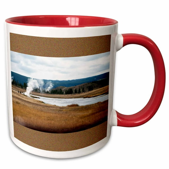 3drose, a Framed on Top and Bottom Image of Geysers in Yellowstone, 11oz Two-tone Red Mug