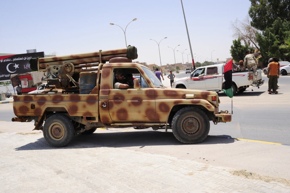 A Free Libyan Army pickup truck equipped with a homemade rocket Canvas Art - Andrew ChittockStocktrek Images (35 x 23)
