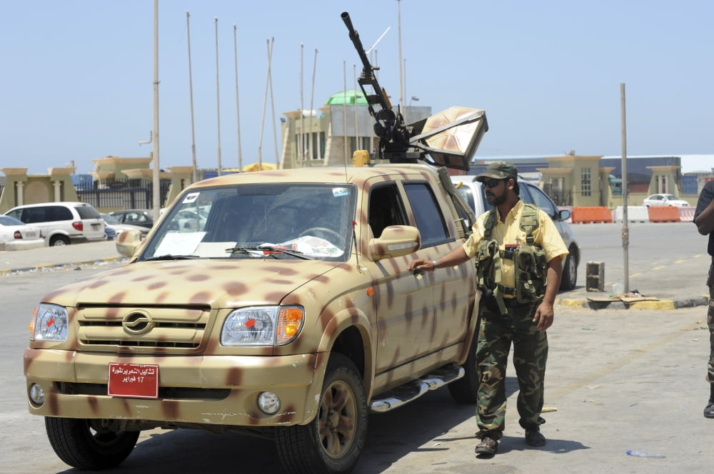 A Free Libyan Army pickup truck with a ZPU AA gun in Ajdabiyah Libya Canvas Art - Andrew ChittockStocktrek Images (35 x 23)
