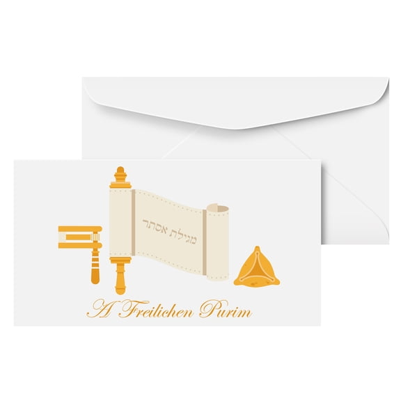 'A Freilichen Purim' Envelopes with Blank Note Cards – Money, Check and Currency Holder, Feast of Lots Jewish Holiday Greeting for Cash, Coins, Presents & Gift Cards | 3-5/8" x 6-1/2" | 25 per Pack