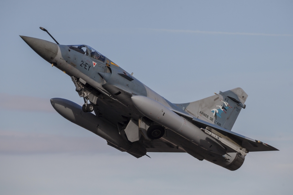 A French Air Force Mirage 2000-5 fighter jet taking off Canvas Art - Timm ZiegenthalerStocktrek Images (17 x 12)