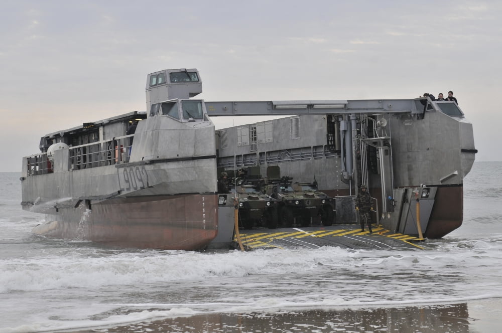 A French landing craft comes ashore during Exercise Bold Alligator Canvas Art - Stocktrek Images (35 x 23)