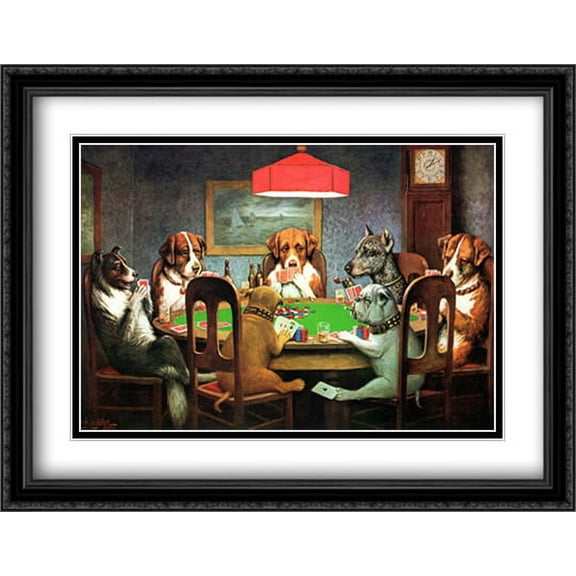 A Friend in Need / Dogs Playing Poker 2x Matted 29x23 Large Black Ornate Framed Art Print by Cassius Marcellus Coolidge