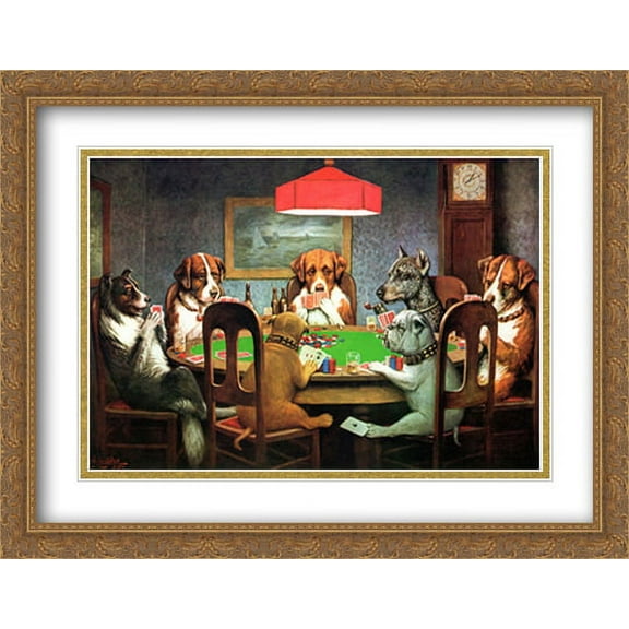 A Friend in Need / Dogs Playing Poker 2x Matted 29x23 Large Gold Ornate Framed Art Print by Cassius Marcellus Coolidge