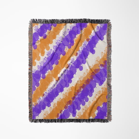 A Fun Striped Paint Splatter In Orange And Purple, Woven Blanket
