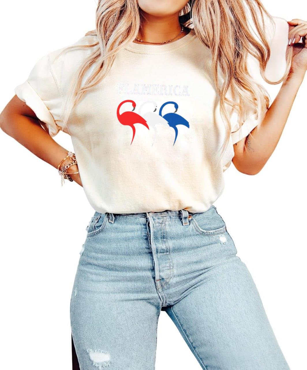 A Funny Flamingo in Red White and Blue for July 4th Comfort Color T